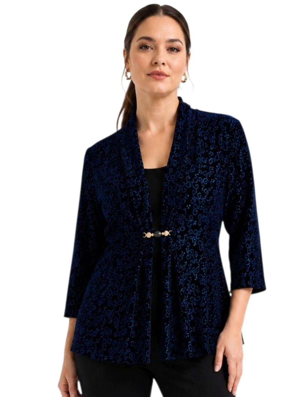 Elementz Women’s Blue Velvet Scroll Print Open Front Jacket Top. Size L